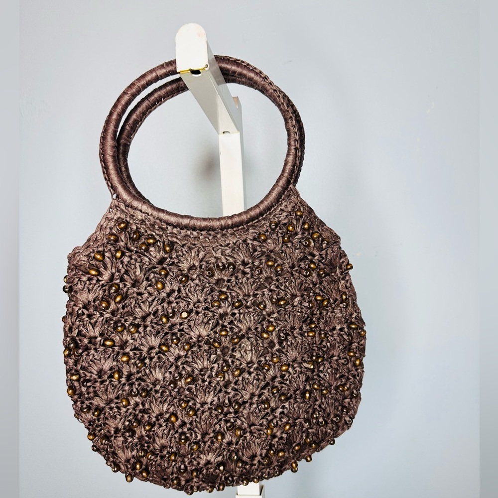 Ann Taylor Brown Crochet Beaded Mini Round Bag
